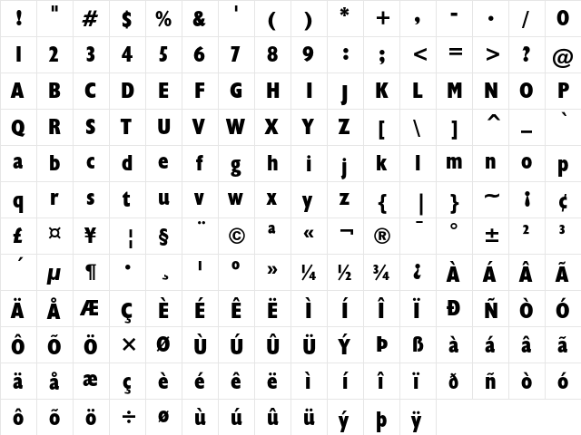 Humanist 521 Extra Bold Condensed  glyph index