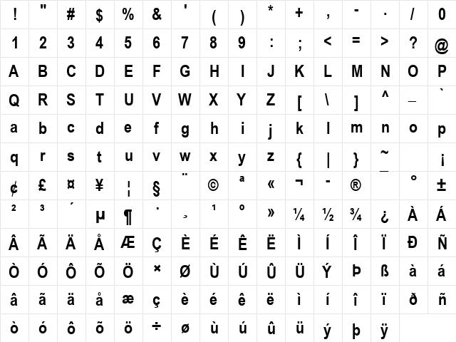 Arial Narrow Bold  glyph index