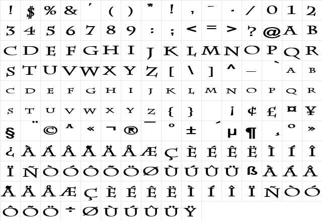 Chaz Extended Bold  glyph index