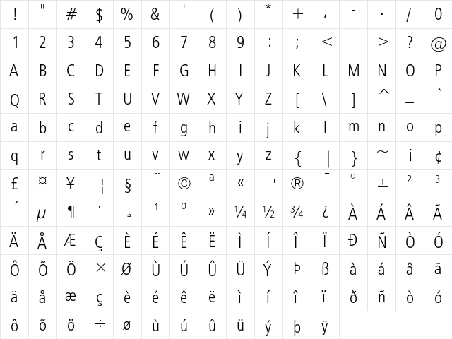 Humanist 777 Light Condensed  glyph index