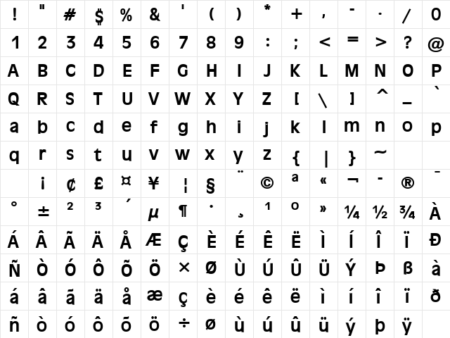 Antiqua 101 Bold  glyph index