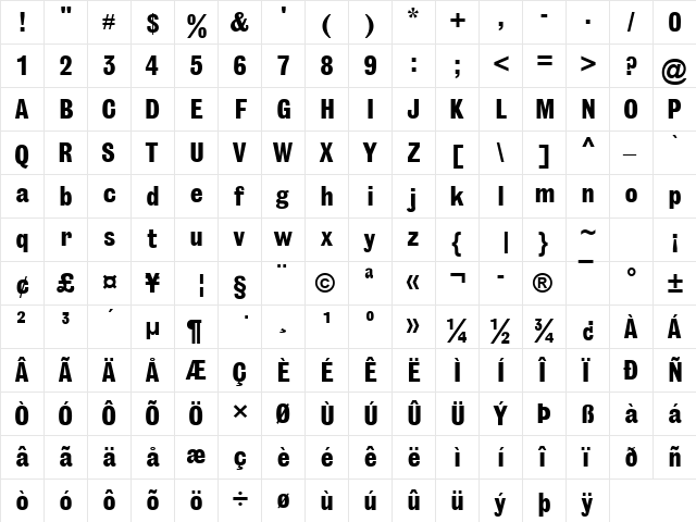 Headline MT Bold Regular  glyph index