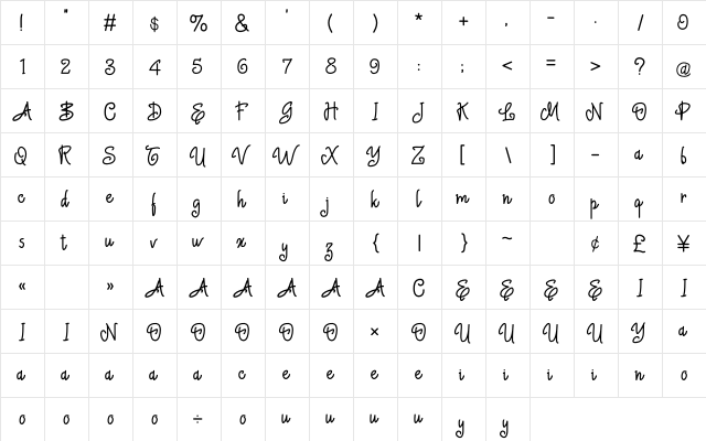 Baby Sophia Regular  glyph index