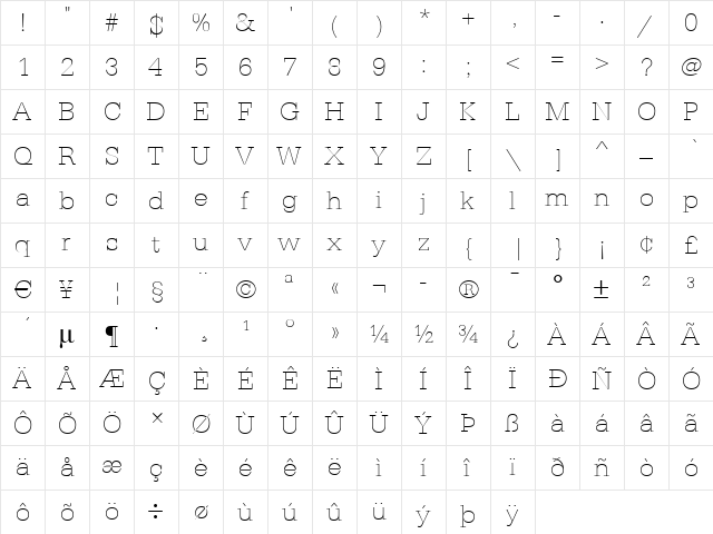 AstridBeckerWideXlight Regular  glyph index