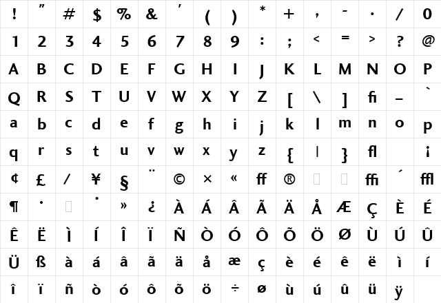 Charlotte Sans Bold LET Regular  glyph index