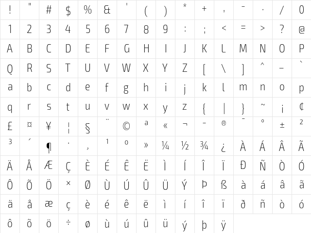 Exo 2 Extra Light Condensed  glyph index