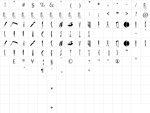 Knives Regular  glyph index