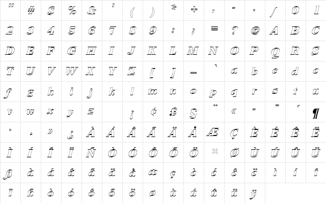 NimbusRomDExtBolItaOu1 Regular  glyph index
