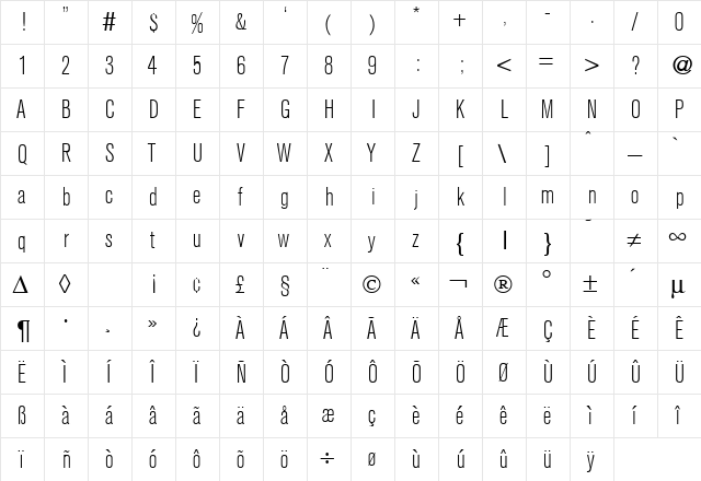 AkzentCondLight Regular  glyph index