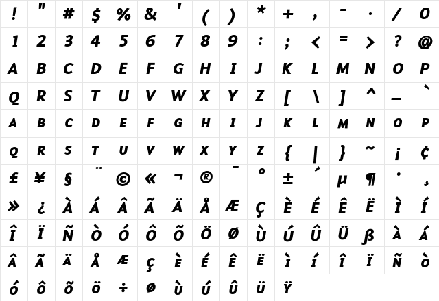 Malcom Bold Italic  glyph index