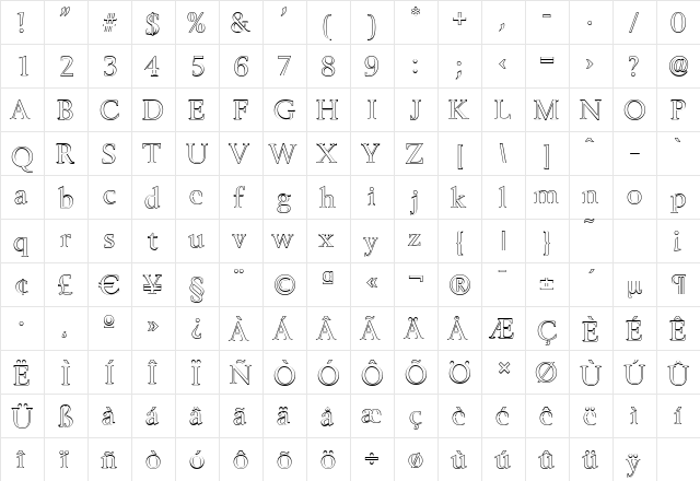 BelfastOutline Regular  glyph index