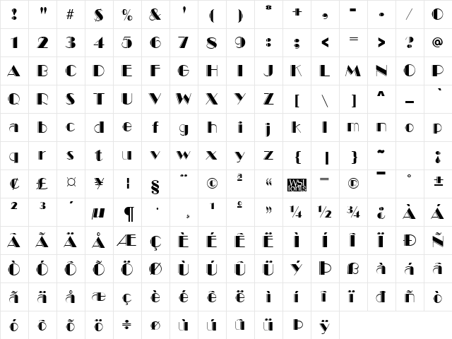 MarqueeEngraved Regular  glyph index