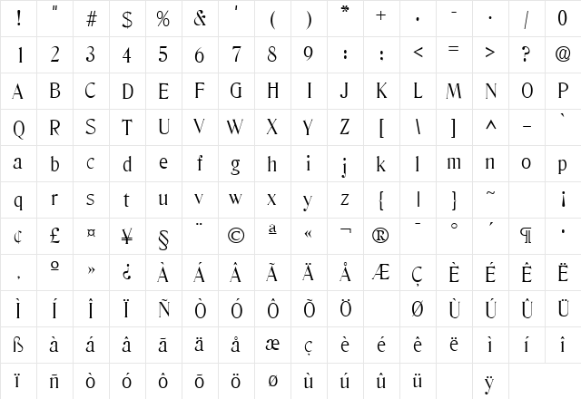 DenverLH Regular  glyph index