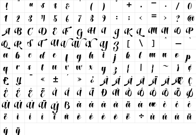 Dustine Script Regular  glyph index