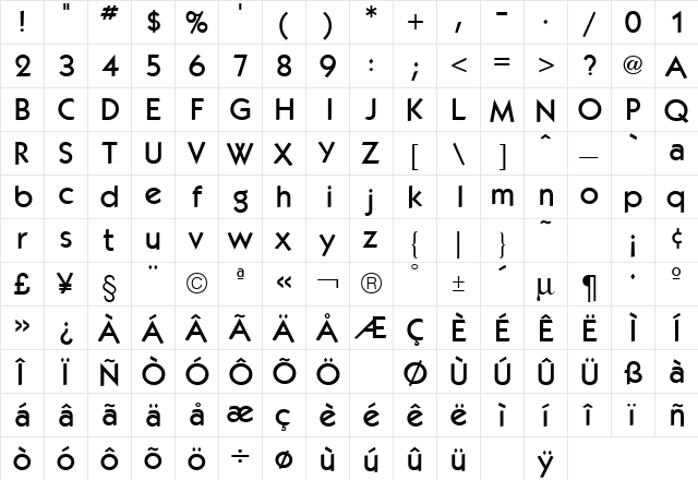 Kabel Regular  glyph index