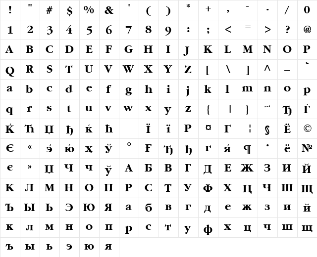 CyrillicGaramond Bold  glyph index