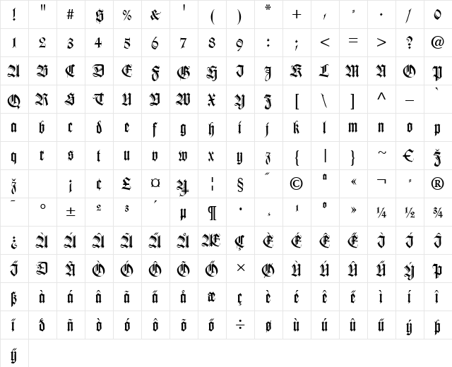 WilhelmKlingsporGotisch LT Regular  glyph index
