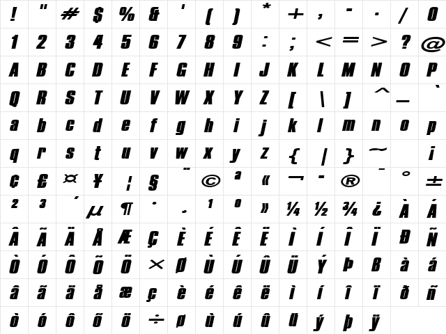 Commador Extended Heavy Italic  glyph index