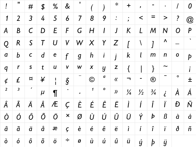 Gill Sans Infant Std Italic  glyph index