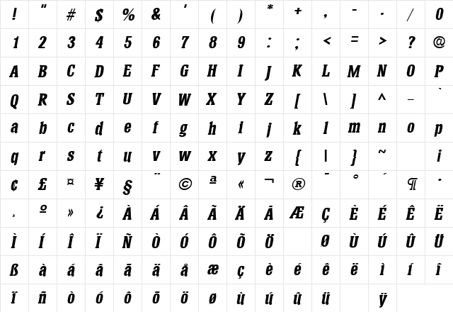 Helium Bold Italic  glyph index