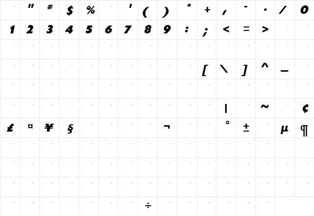 ExtensionExtraBoldItalicTab Roman  glyph index