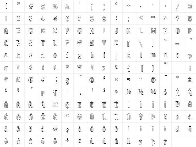 Serifina Outline Regular  glyph index