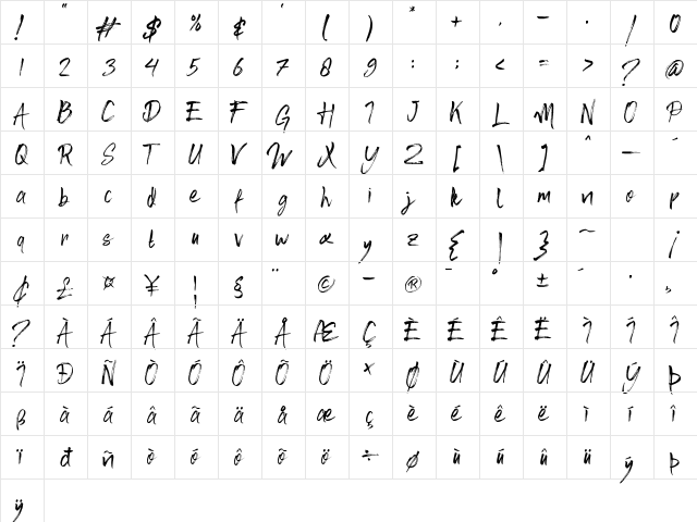 Fusha Brush Regular  glyph index