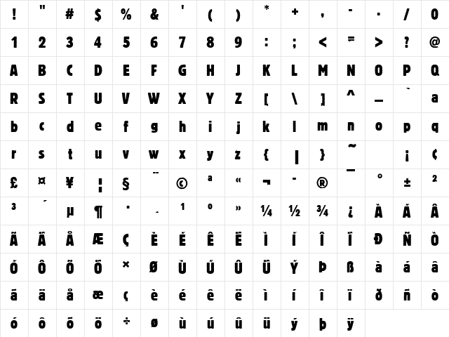 BlockTRegCon Regular  glyph index