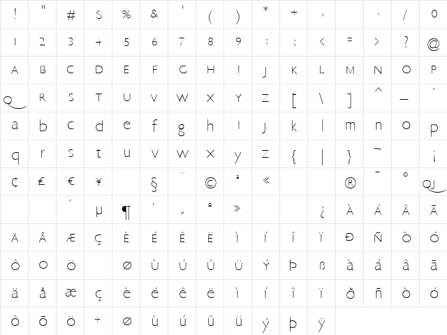 EricSans Regular  glyph index
