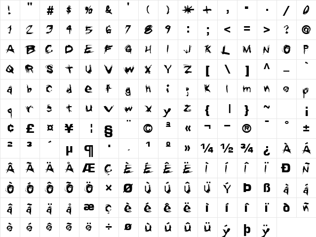 Pickets Regular  glyph index