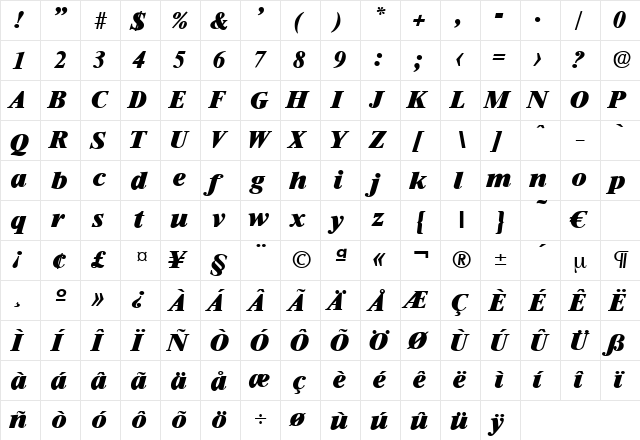 Riccione-ExtraBoldIta Regular  glyph index