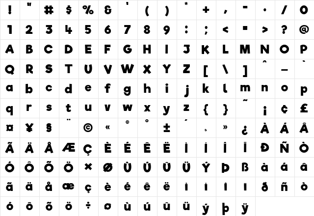 Riffic Free Bold  glyph index