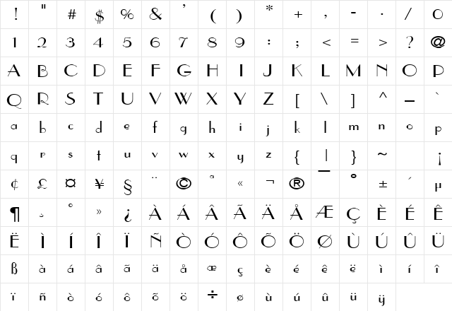 Paris Wide Normal  glyph index