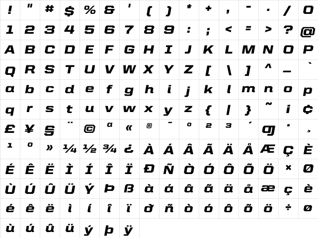 United Italic SemiExt Black  glyph index