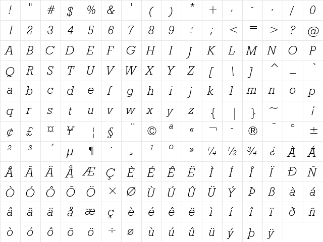 GeoSlb712 Lt BT Light Italic  glyph index