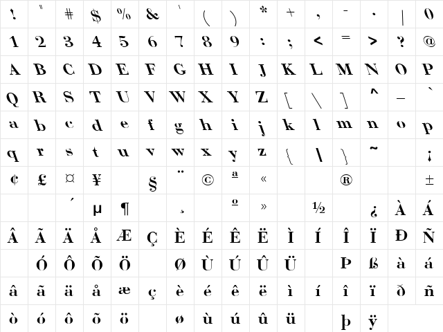 Bodoni-Bold Lefty Regular  glyph index