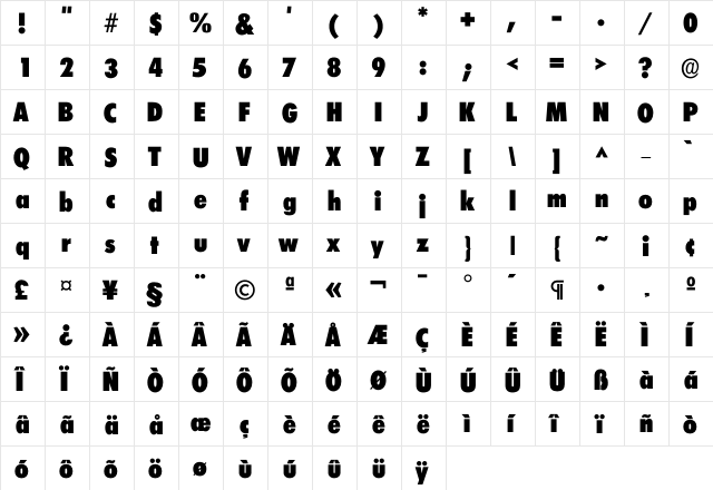 Climerick Heavy  glyph index