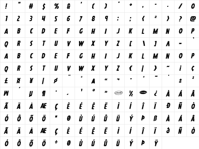 Hanging Tree Italic Italic  glyph index