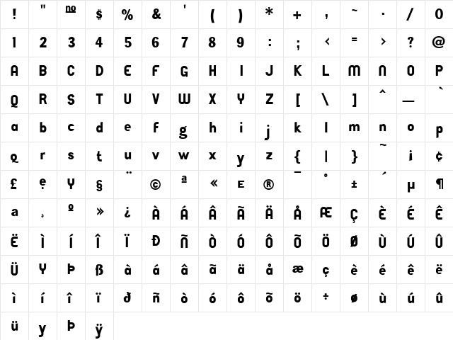 Tenko Regular  glyph index