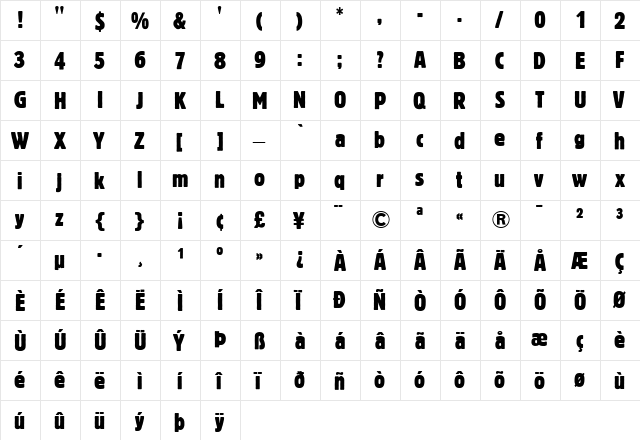 BlockBerthold-Condensed Roman  glyph index