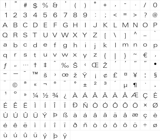 LTUnivers 340 ExtdLight  glyph index