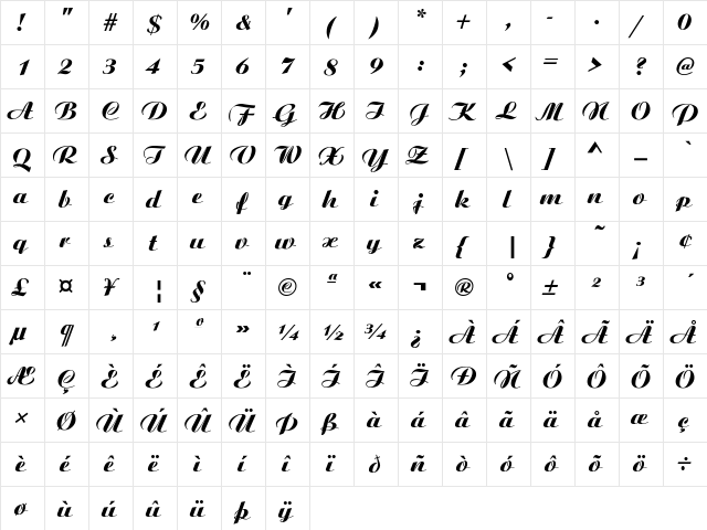 Ariston-Normal-Italic Regular  glyph index