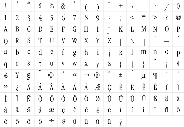 Garamond CondLight  glyph index