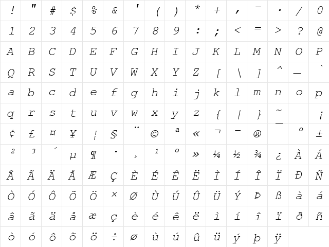 Nimbus Mono L Oblique  glyph index