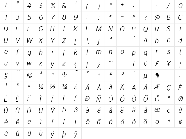 Expressway Light Italic  glyph index
