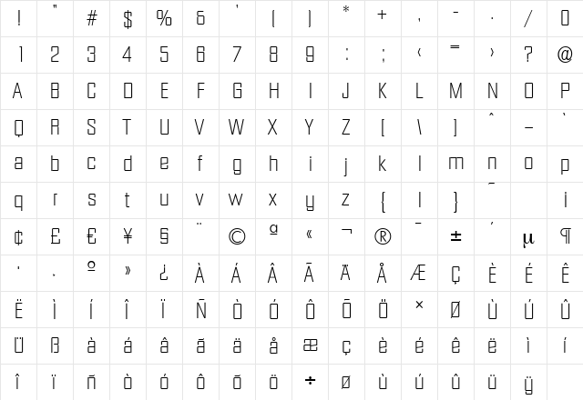 DiamanteSerial-Xlight Regular  glyph index
