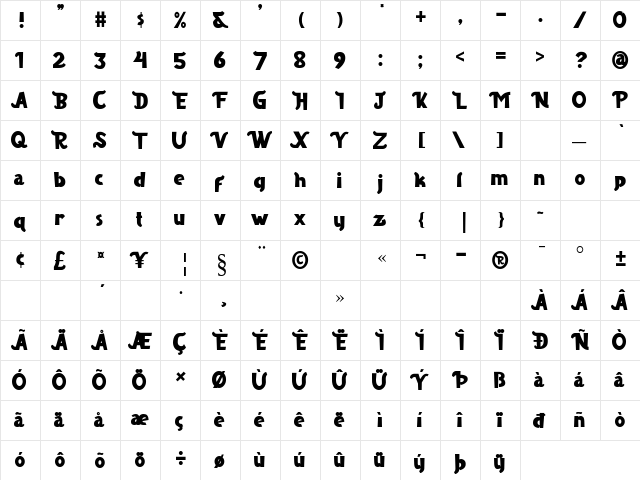 Borju Regular  glyph index