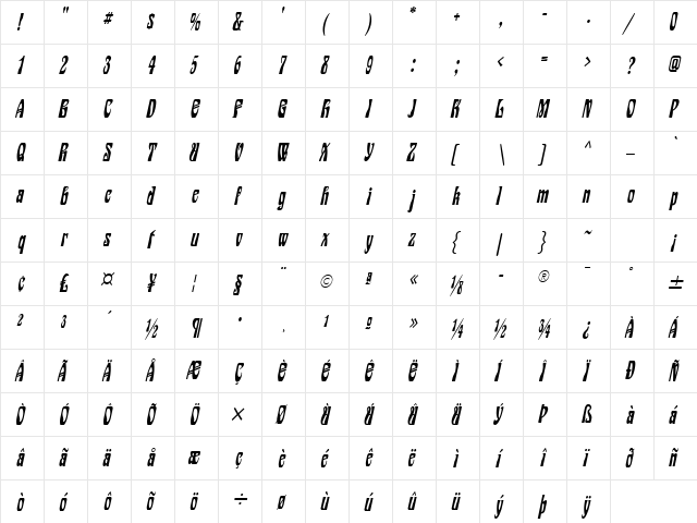 Epic Condensed Italic  glyph index