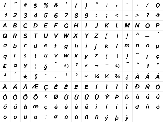 ProximaSansMediumOblique Regular  glyph index