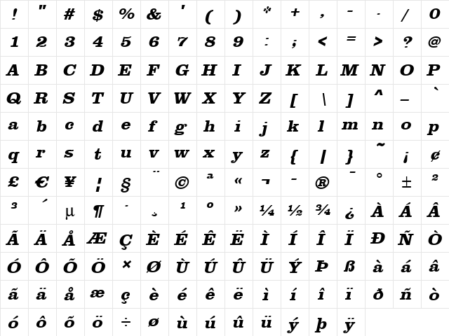 PaulineBeckerWide Bold Italic  glyph index